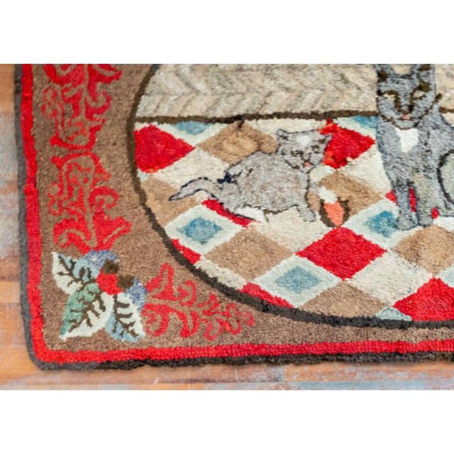 19th or 20th Century American Folk Art Hooked Rug With Cat and Two Kittens For Sale - Image 4 of 14