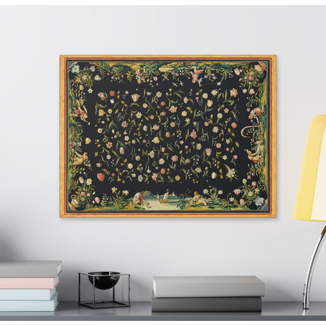 Atelier Aria Lumae Golden Age Dutch Floral Antique Tapestry Fine Art Gallery Board Print With Faux Antique Gilt Frame Print Design 32 X 24.5 For Sale - Image 4 of 12