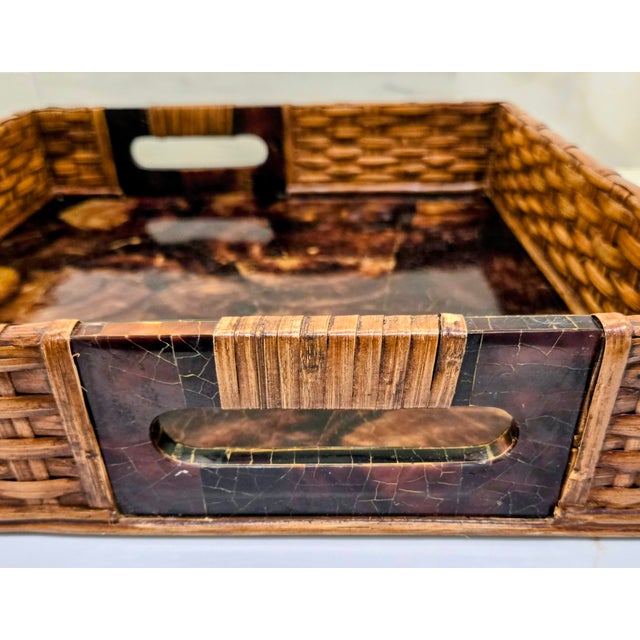 Palecek Palecek Inlaid Penshell Square Rattan Tray – Tortoise Shell Look Serving or Coffee Table Tray For Sale - Image 4 of 9