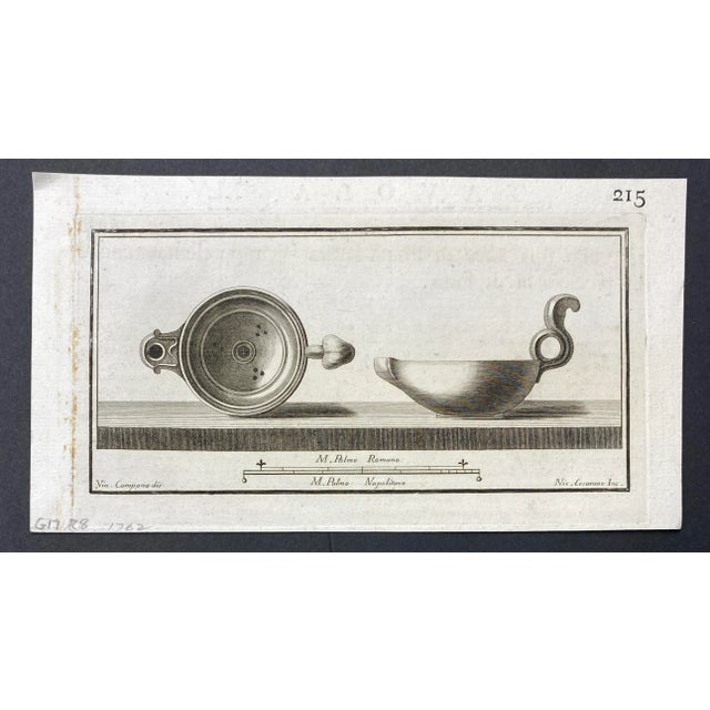 1762 copper plate engraving of two views of a Roman oil lamp.
