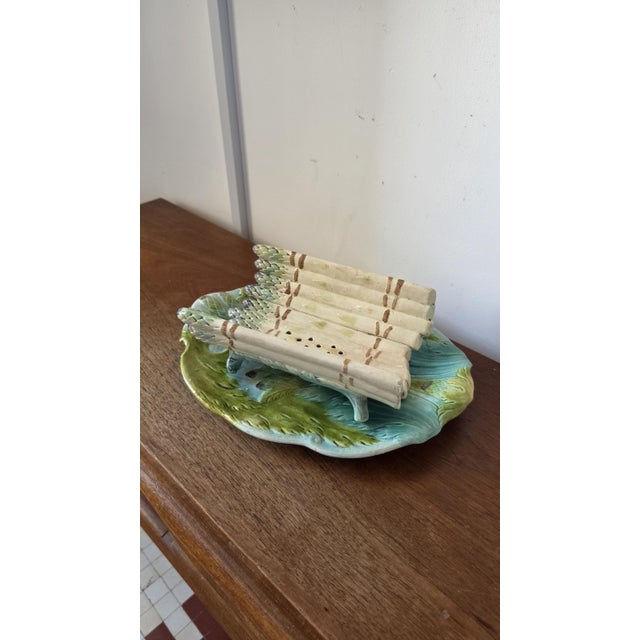 Late 20th Century Antique Majolica Asparagus Server Set, Ceramic Drainer & Platter, French Country Kitchen, Green Glaze Serving Dish For Sale - Image 5 of 11