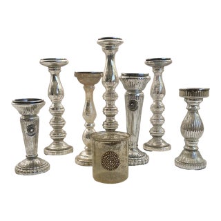 Vintage 1990s Mercury Glass Pillar Candle Holders - Set of 8 For Sale