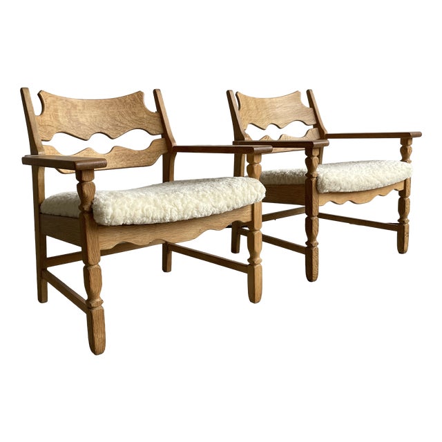 Vintage Danish Razorblade Oak Lounge Chairs by Henning Kjærnulf, 1960s, Set of 2 For Sale