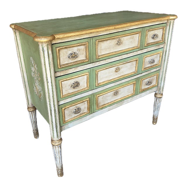 "The Grace" Vintage Swedish Gustavian Louis XVI Style Chest of Drawers - Three Drawer Piece in Soft Green and Cream - Newly Painted For Sale
