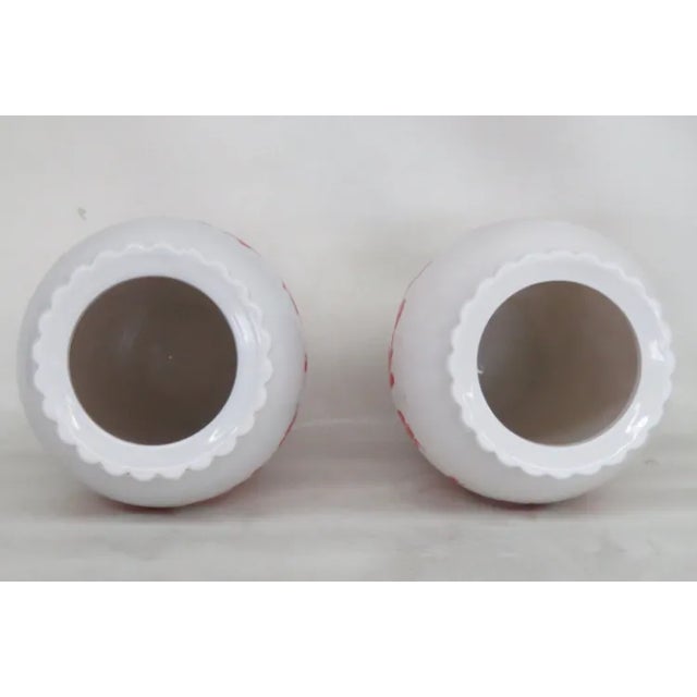 1940s Anchor Hocking Red Birds Cherry Blossoms Milk Glass Vases a Pair For Sale - Image 5 of 11