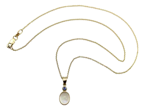 1990s 14k Gold Moonstone Cabochon and Sapphire Pendant Necklace