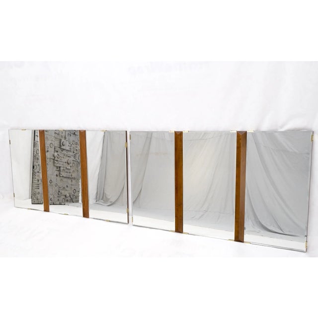 Glass Pair of Mid Century Modern Tripple Beveled Mirrors w/ Walnut Accents For Sale - Image 7 of 13