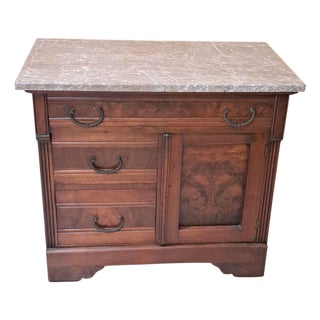 Antique Eastlake Victorian Burl Walnut Taupe Marble Top Washstand C1890s For Sale
