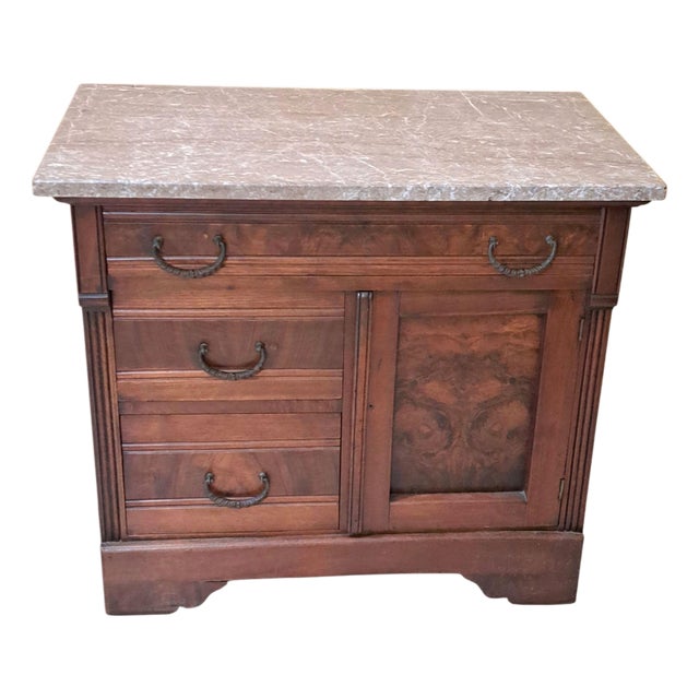 Antique Eastlake Victorian Burl Walnut Taupe Marble Top Washstand C1890s For Sale