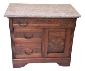 Antique Eastlake Victorian Burl Walnut Taupe Marble Top Washstand C1890s