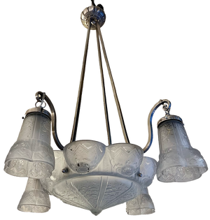 Art Deco Chandelier with Tulips and Polylobed Basin by Müller Frères Lunéville, 1925