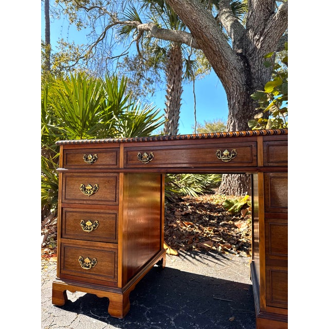Brass Antique John Wanamaker Solid Wood Pedestal Desk With Brass Hardware For Sale - Image 8 of 9