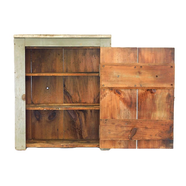 19th C. Primitive Bluish-Gray Jelly Cupboard, with older paint, hinged door with knob, three shelves, wear consistent with...