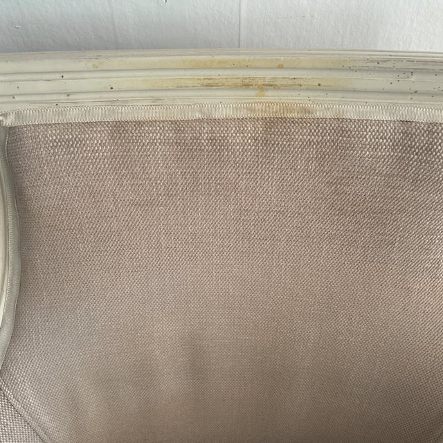 Antique French Country Accent Armchair. Comfy. Vintage. Custom Beige Linen and Painted Wood. Some wear/tear. Used.