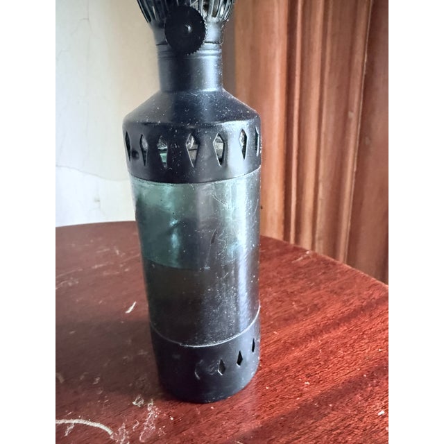 Metal Vintage Mid Century 1960s Mini Hurricane Lantern Blue Glass For Sale - Image 7 of 9