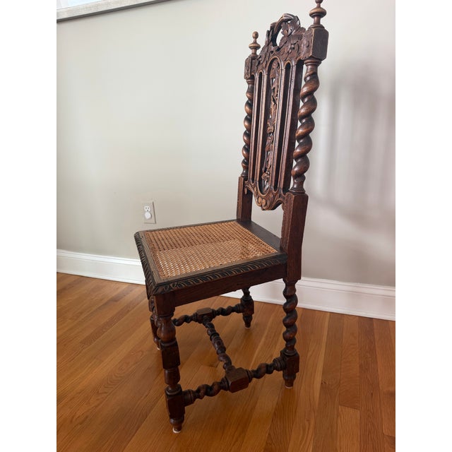 Wood Set of Six Antique Jacobean Revival Carved Oak Barley Twist Rush Seat Dining Chairs, C. 1900 For Sale - Image 7 of 10