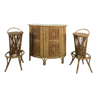 Bamboo and Rattan Counter and Stools Set, Set of 3 For Sale