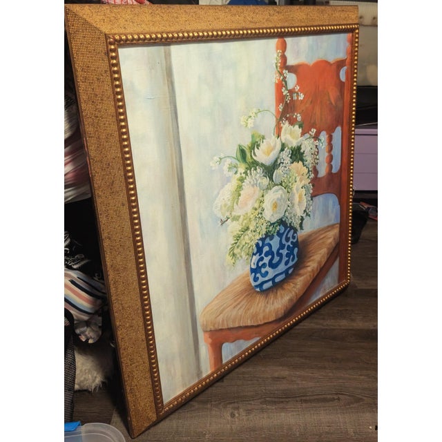 2010s Vintage Signed J. Carr Oil Painting White Roses & Hydrangeas in Blue Chinoiserie Vase, Ornate Gilt Frame For Sale - Image 5 of 6