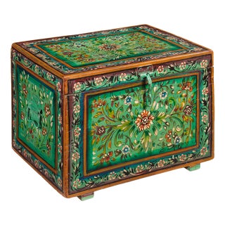 Green Floral Painted Wooden Box, 1940s For Sale