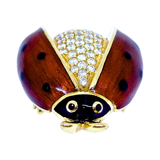 Vintage 18k Gold Enamel and Diamond Ladybug Brooch For Sale - Image 4 of 10