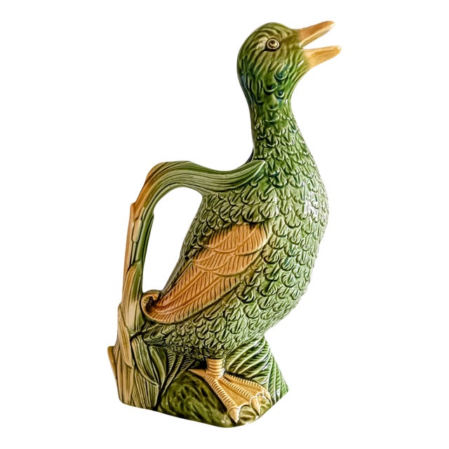 French Majolica Duck Pitcher by Keller & Guerin for Saint Clement, 1900s For Sale