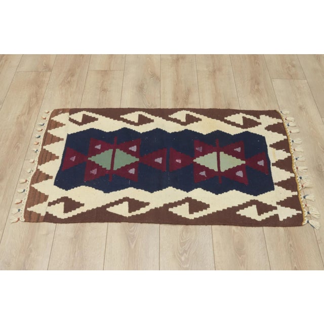 Mid-Century Modern 1970s Scandinavian Geometric Style Turkish Navy Blue and Blue Oushak Kilim Rug For Sale - Image 3 of 11