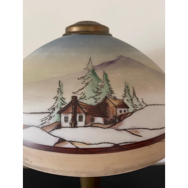 Cabin Antique C. 1920 Pittsburgh School Reverse-Painted 2-Light Glass Table Lamp - Winter Cabin Scene For Sale - Image 3 of 6