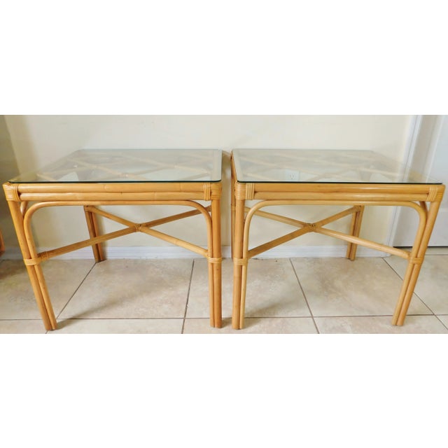 Wood Pair Vintage Mid Century Modern Palm Beach Style Rattan Glass Top Side/End Tables For Sale - Image 7 of 12