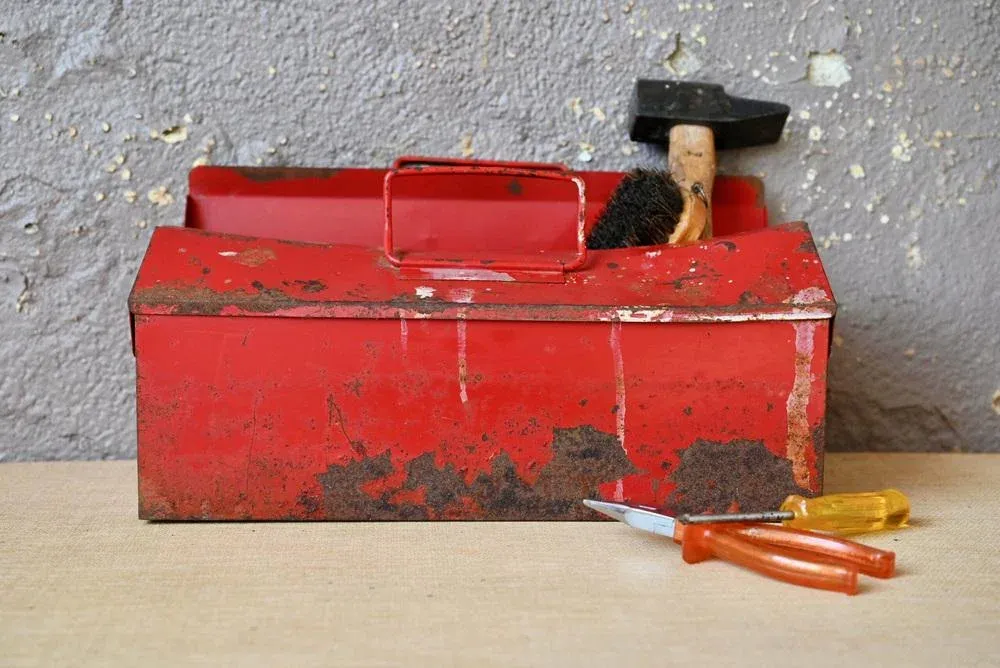 Vintage Industrial Patinated Red Metal Tool Box | Chairish
