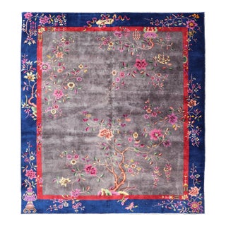 Antique Art Deco Rug in Soft Grey Field With Navy Blue and Red Border For Sale