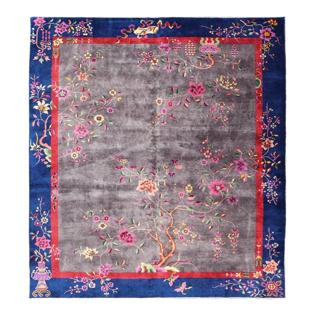 Antique Art Deco Rug in Soft Grey Field With Navy Blue and Red Border For Sale