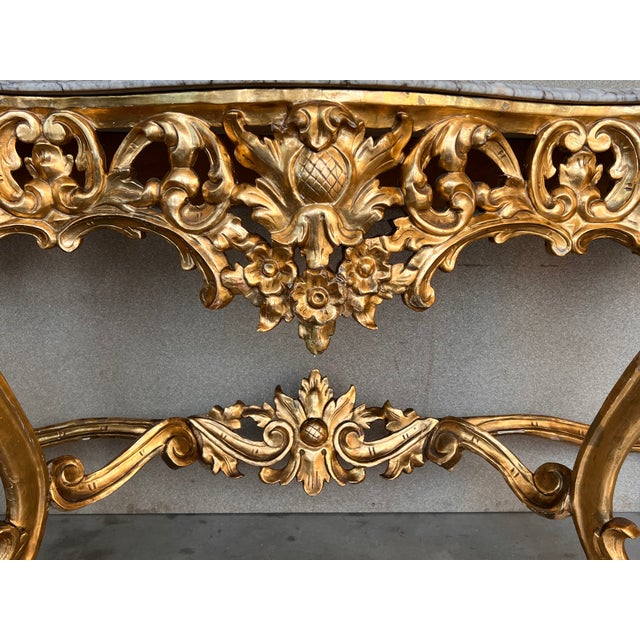 Spanish 19th Baroque Carved & Gilted Walnut Ormolu and Marble Console Table For Sale - Image 9 of 13
