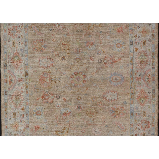 Turkish Oushak Floral Design With Color on a Taupe Field and Ivory Border 5'0 X 6'10 For Sale In Atlanta - Image 6 of 12