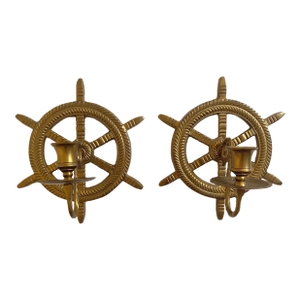 Vintage Brass Ship’s Wheel Wall Sconce Nautical Candlestick Holders - A Pair