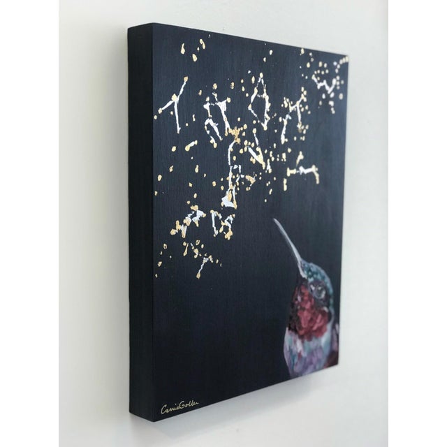 Contemporary Solaire by Carrie Goller | Oil with Gold and Silver on Wood Panel Hummingbird with golden sparks For Sale - Image 3 of 4
