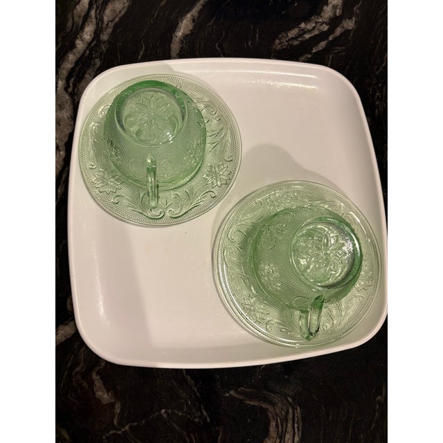 Glass 1980s Chantilly Green Cup and Saucer Set Made by Indiana Glass - Set of 4 For Sale - Image 7 of 12