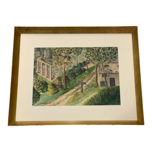 1950 Mid-Century Modernist Rural Landscape Watercolor, Signed & Framed For Sale