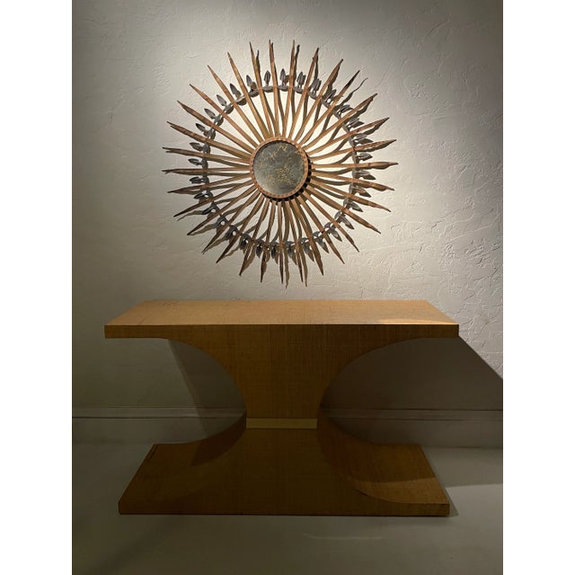 1970s Karl Springer Style Sculptural Grass Cloth Linen Brass Console Table For Sale - Image 4 of 9