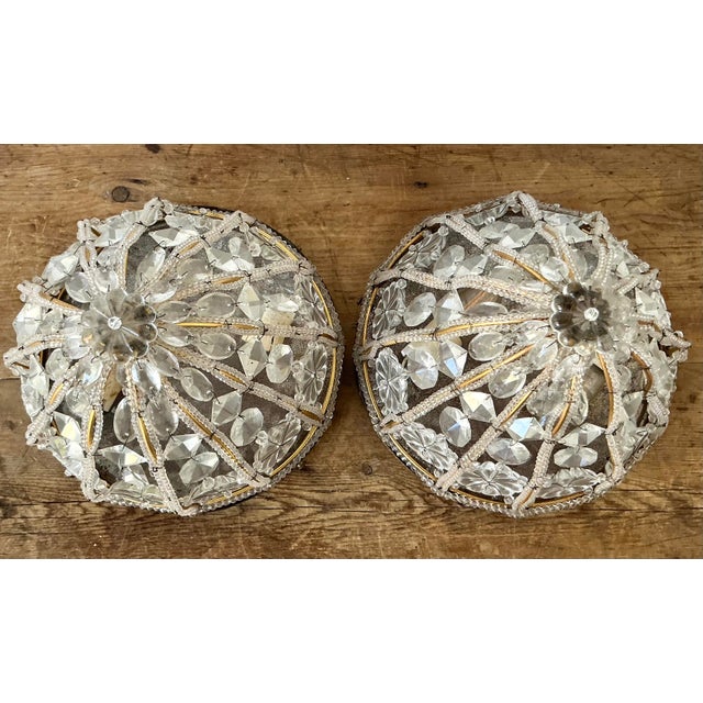 French Vintage Regency Cut Crystal Flush Mount Lights - A Pair For Sale - Image 3 of 12