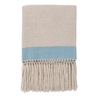 Merino Wool Fringed Light-Blue-Banded Throw by Villa Como For Sale