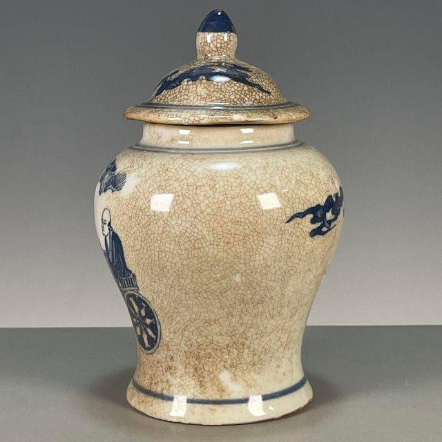 Late 20th Century Chinese Blue & White Crackle Glaze Porcelain Covered Jar With Figural Scene For Sale - Image 5 of 9