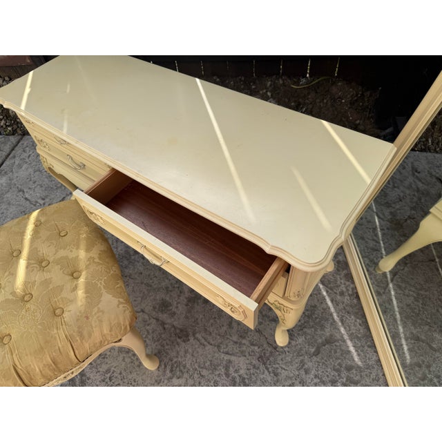 Wood Fresh Provincial Vanity Set With Stool and Mirror For Sale - Image 7 of 8