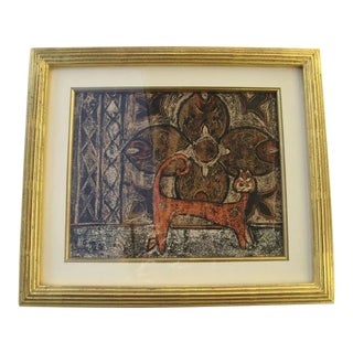 1950s Crayon Resist of a Cat, Framed For Sale