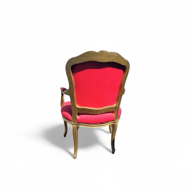 Vintage French Louis XV Style Giltwood Armchair with Rococo Carved Frame and Nailhead Trim, 1940s For Sale - Image 15 of 17
