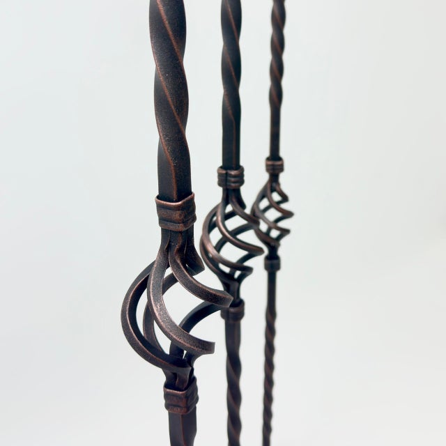 2020s Hand Forged Iron Candelabra Set of 3 (101-121cm) Antique Copper Finish Heavy Rope Twist Stem with Openwork Cage Detail For Sale - Image 5 of 8