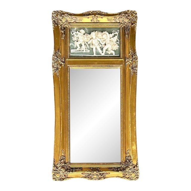 19th-C. French Neoclassical Beveled Trumeau Mirror, Cherub Bas-Relief Panel For Sale