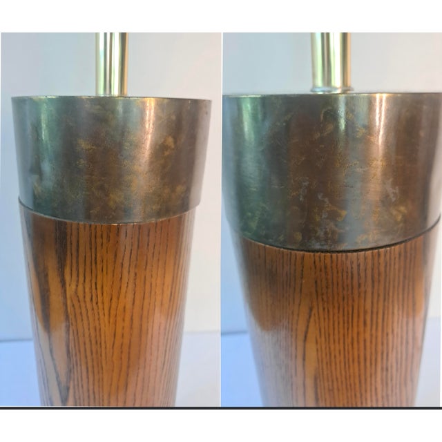 Vintage Mid-Century Modern Oak and Brass Cylinder Table Lamp For Sale - Image 9 of 13