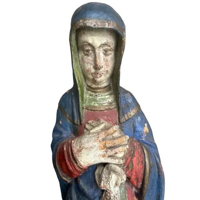 Antique Santos Wood Carving of the Virgin Mary For Sale - Image 4 of 8