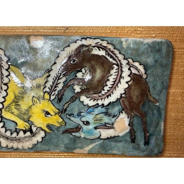 Figurative Antique 1800's Hand Painted Middle Eastern Lion Horse Pottery Majolica Wall Tile For Sale - Image 3 of 10