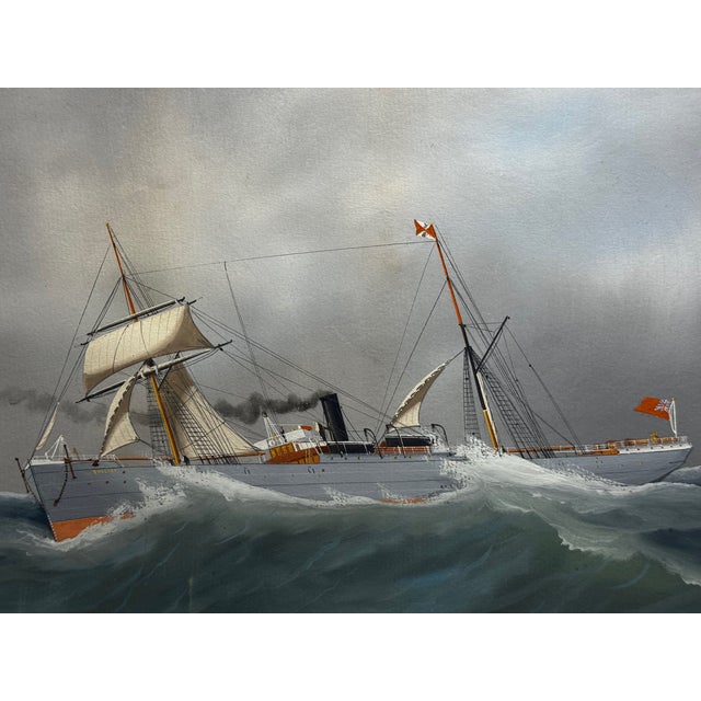 s.s. Shelley Steam Sail Ship in Heavy Seas — Attributed to Lucas Papaluca Early 20th Century Neapolitan Marine Painting | Gouache on Paper | Framed For Sale - Image 10 of 18